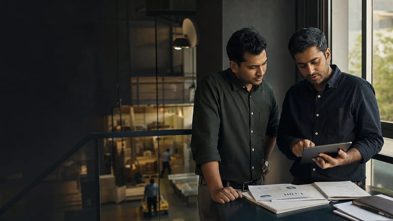 Two Indian business founders reviewing operating and financial plans above a warehouse floor